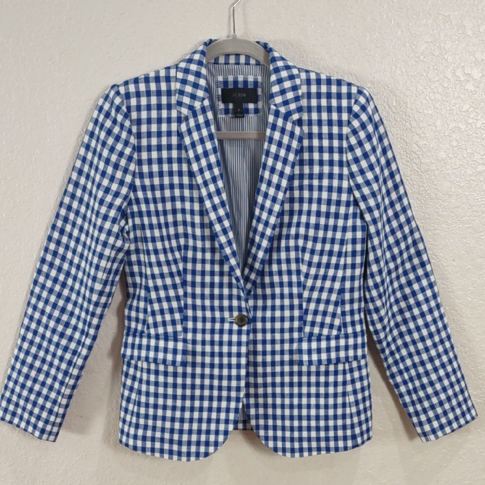 J. Crew Blue and White Plaid , Linen Blazer, Size 8 - Picture 5 of 17